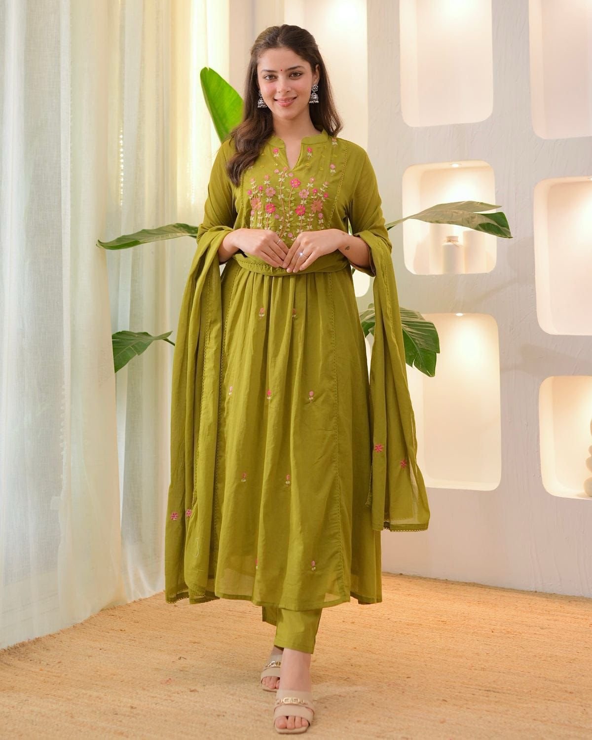 Green Cotton Embroidered Kurti Set with Pant & Dupatta
